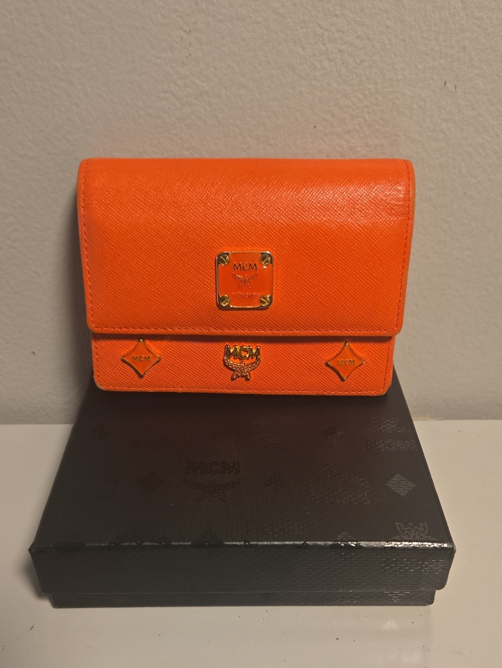 MCM Leather Orange Wallet with Gold Accents